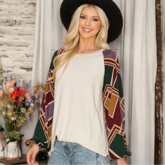 Pretty Knit Top with Contrast Print Sleeves LAST ONE! - Picture 2 of 6